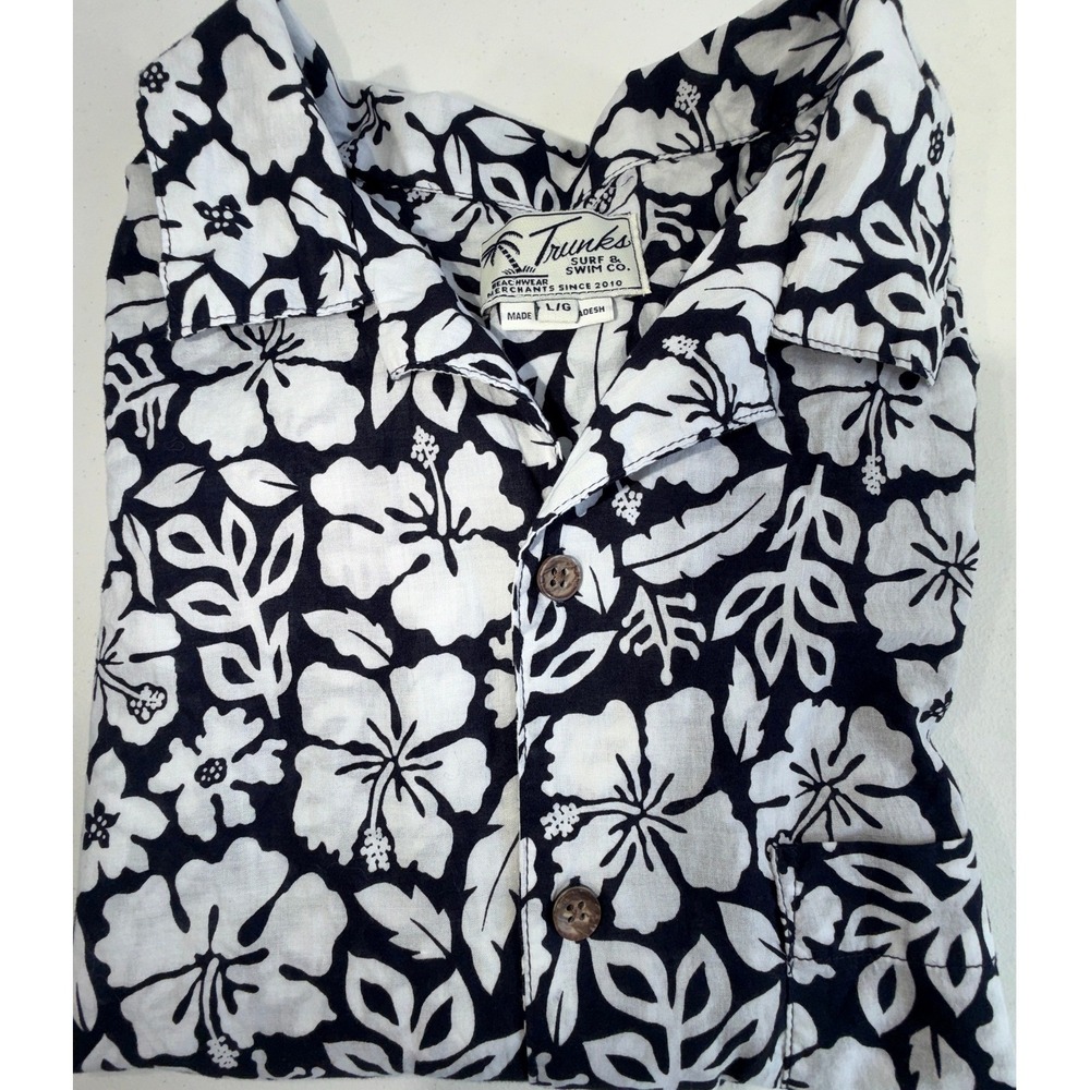 Trunks Surf & Swim Co Mens Lg Navy/White Hibiscus SummerCotton Aloha Shirt